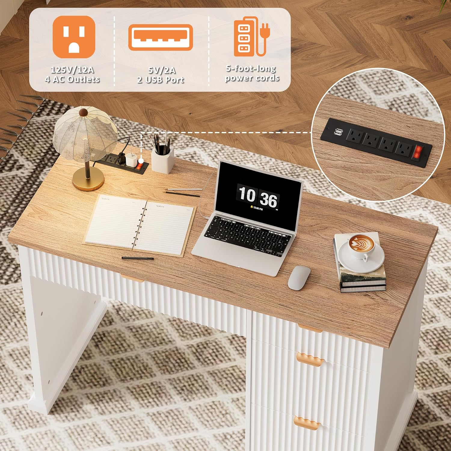 47" Farmhouse Executive Desk, Home Office Desk with Drawers and Charging Station, Wood Home Office Desk, Fluted Computer Writing Desk for Study, Living Room, Bedroom