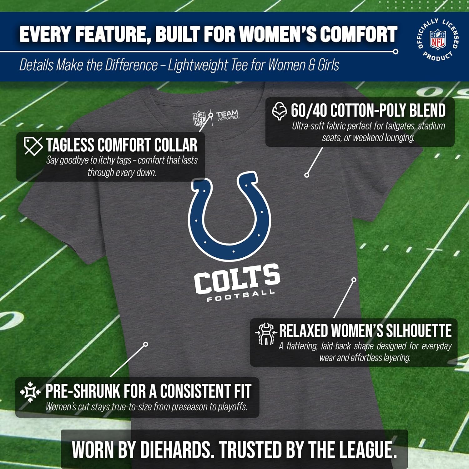 Team Fan Apparel Women's NFL Ultimate Fan Logo Short Sleeve T-Shirt - 100% Cotton - Officially Licensed - Tagless Tee (Indianapolis Colts - Charcoal, Medium) - Image 3