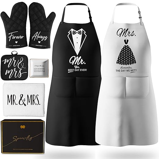 Mr and Mrs Aprons for Couples Gifts - Anniversary, Bridal Shower, Wedding, Engagement gifts for Couples, Christmas Gifts for Couple, His and Her Gifts, 8 Pack Kitchen Cooking Apron Gift Set
