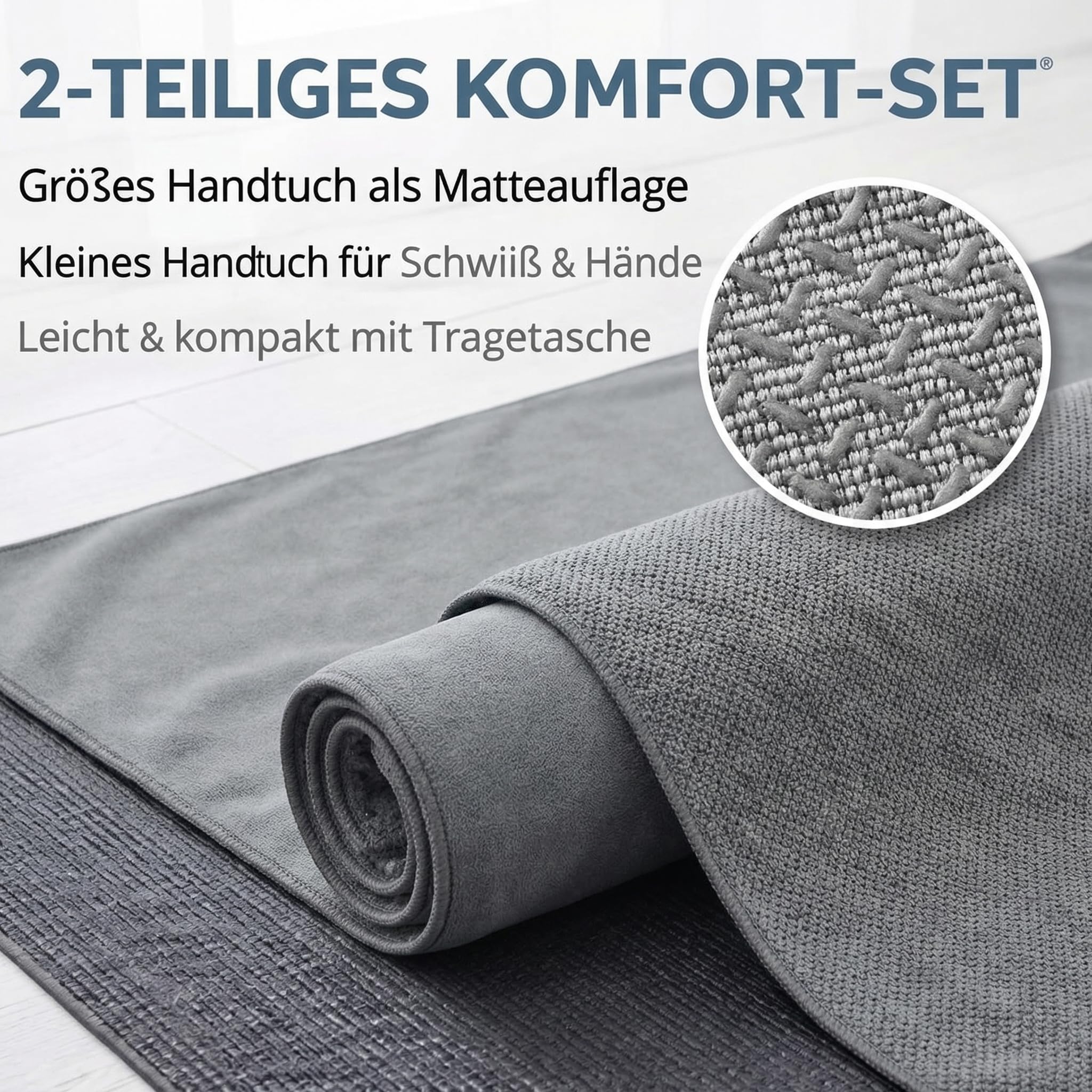 2 Pezzi Asciugamano da Yoga con Impugnatura Antiscivolo 183 x 63 cm Asciugamani in Microfibra Asciugatura Rapida 80 x 40 cm con Borsa in Rete Grigio per Hot Yoga Sport Pilates
