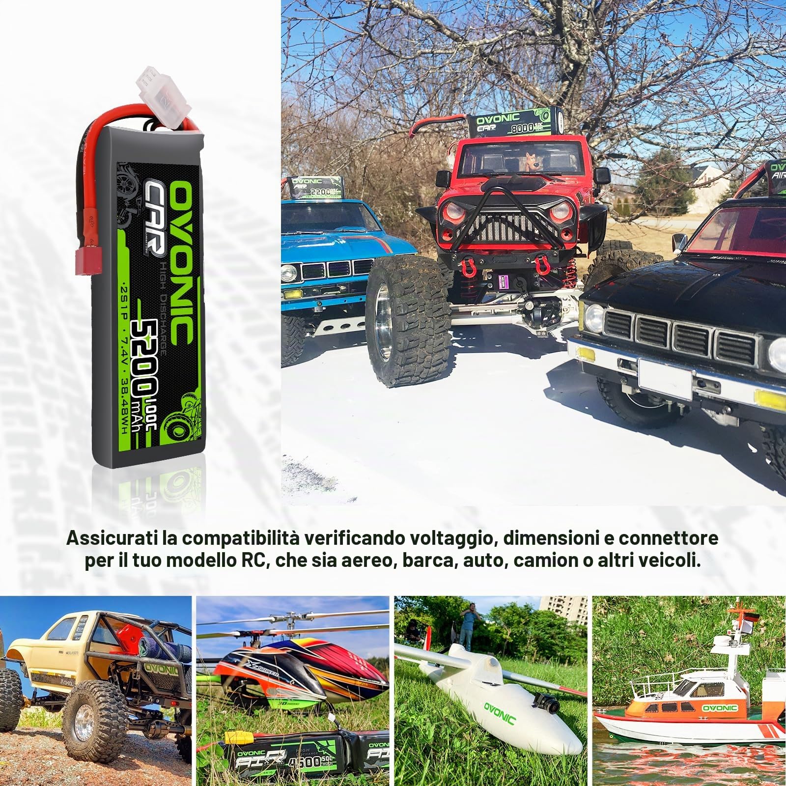 OVONIC 2s Batterie Lipo 5200mAh 100C 7.4V Custodia Morbida con Connettore per RC Elicottero RC Auto Camion Barca Hobby (2 pezzi)