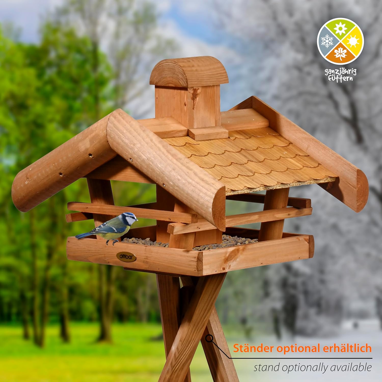 dobar® Green Label Large Bird House Leaf Fall for Stand Mounting - Feeding Station for Wild Birds - Wild Bird Feeding Station - 48 x 39 x 35 cm - Brown