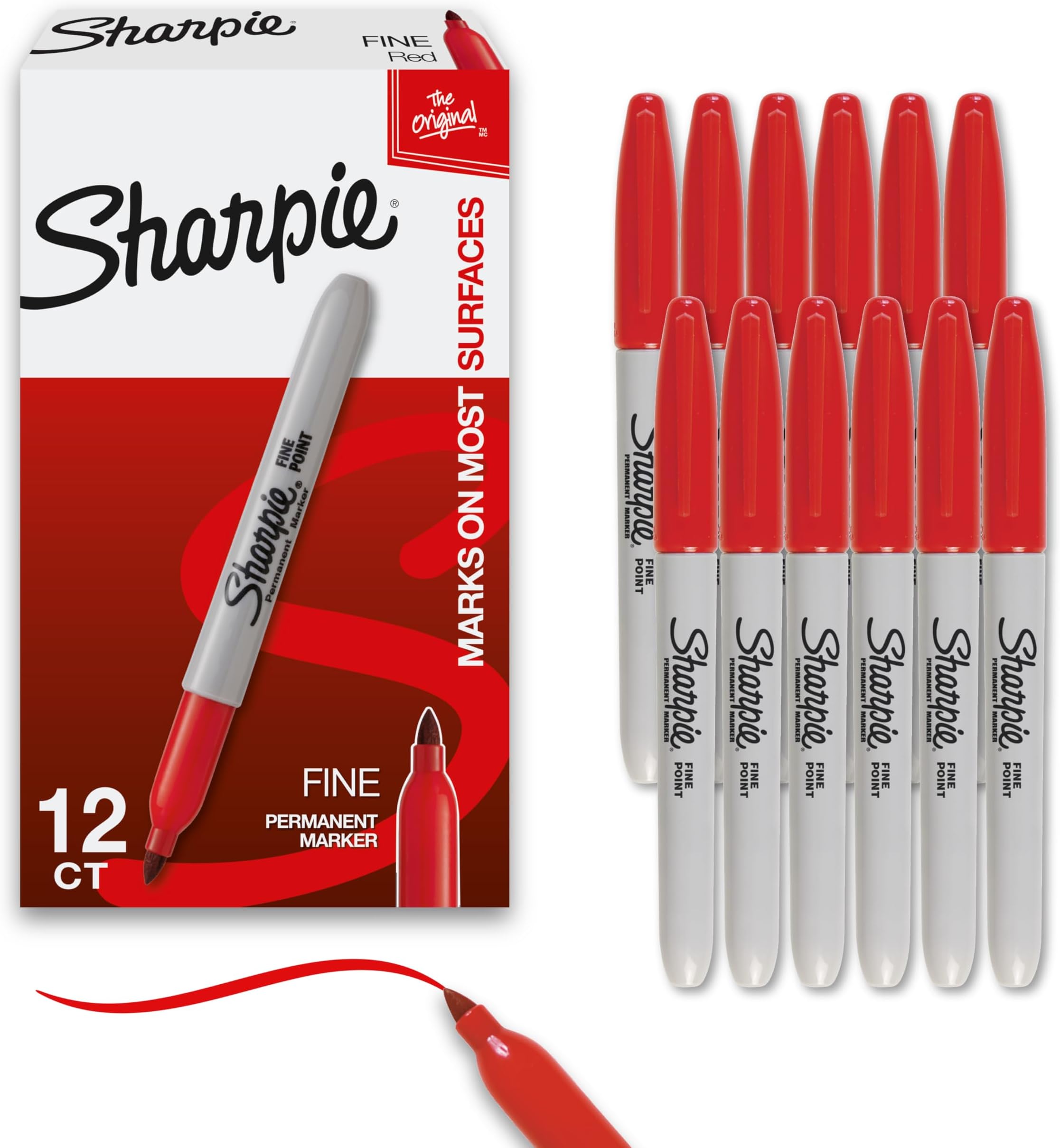 Permanent Markers, Fine Point, Red, 12 Count