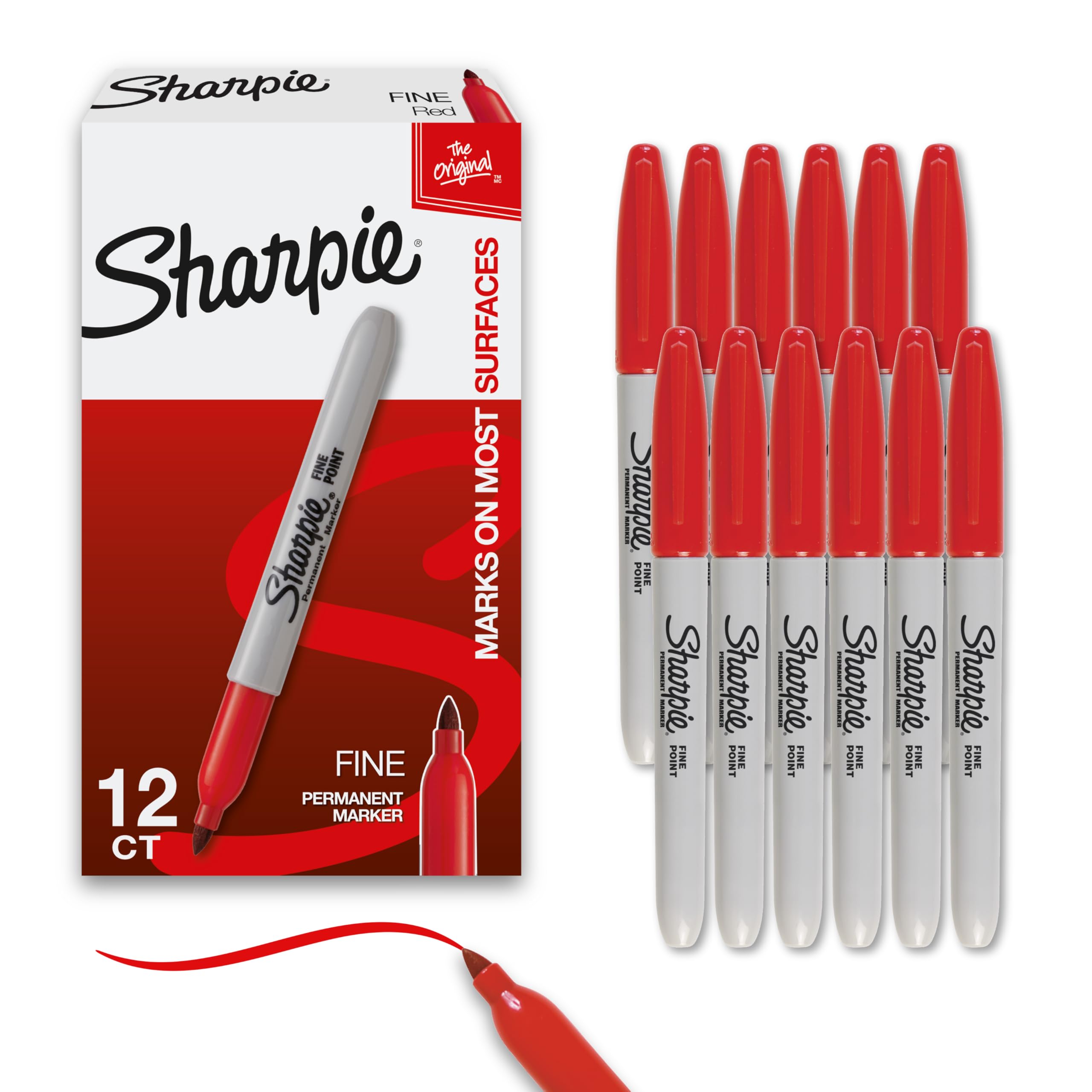 Sharpie Permanent Markers, Fine Tip, Red, 12 Count - Office Supplies, Quick Drying, Fade Resistant, For Plastic, Metal, Wood, And More