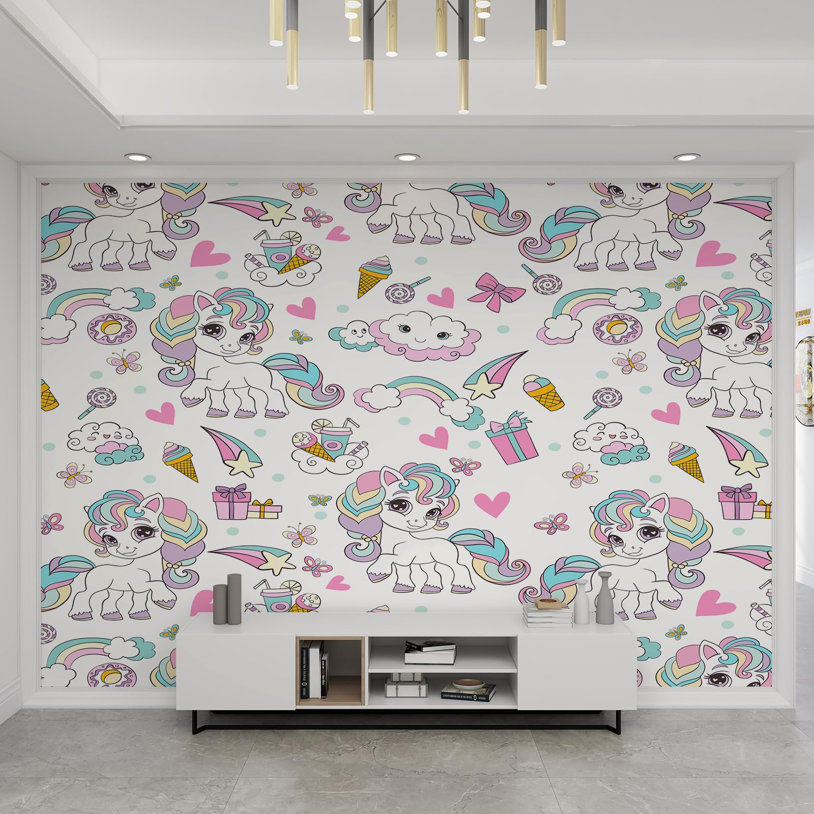 Papier peint mural mignon cheval arc-en-ciel 200x140 cm pour deco chambre enfant