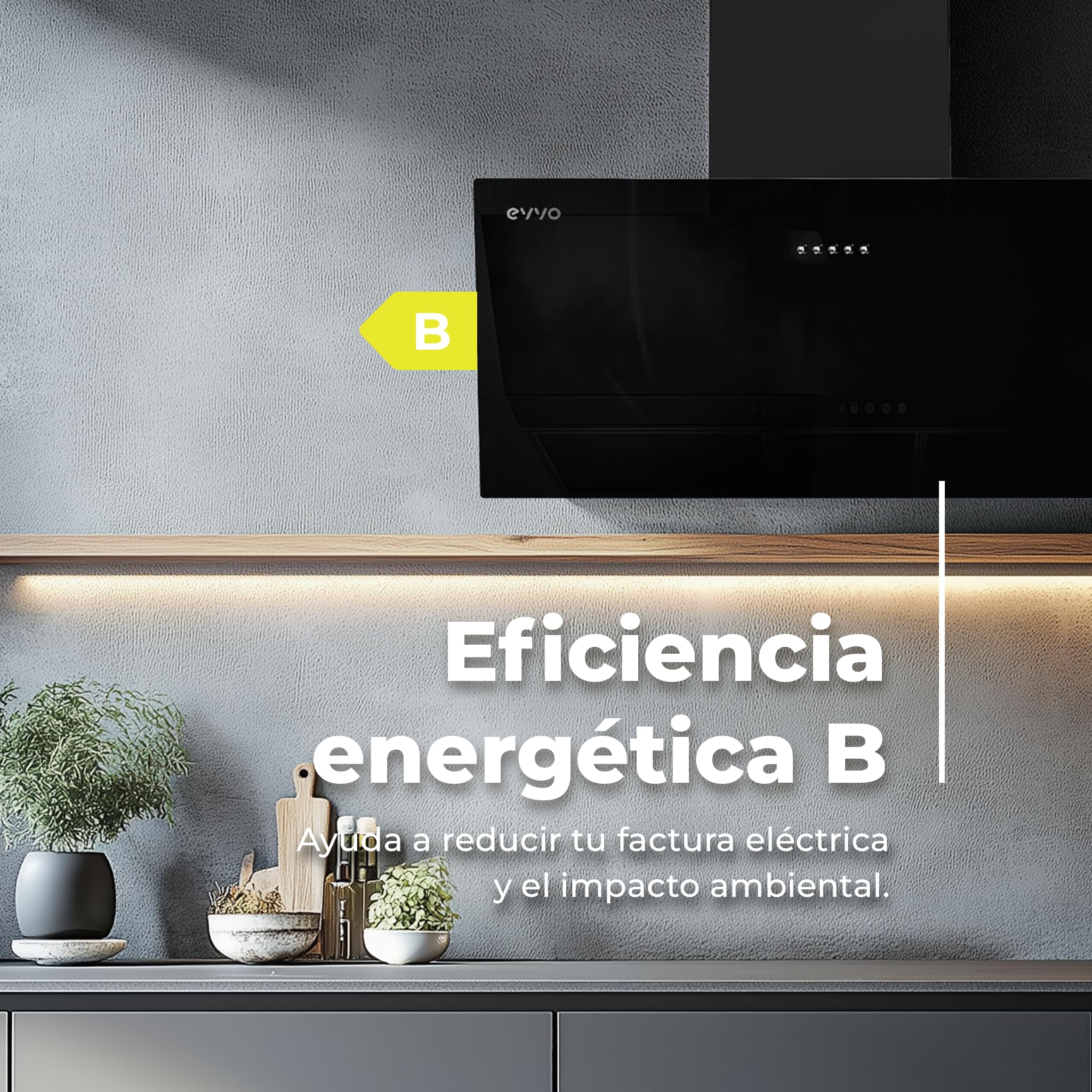 EVVO Campana Extractora 60cm Decorativa, Potencia 350 m³/h, Filtro 3 Capas Aluminio y Carbón Activo, Luz LED, 3 Velocidades, Eficiencia energética B, Acabado Cristal Negro — view 4