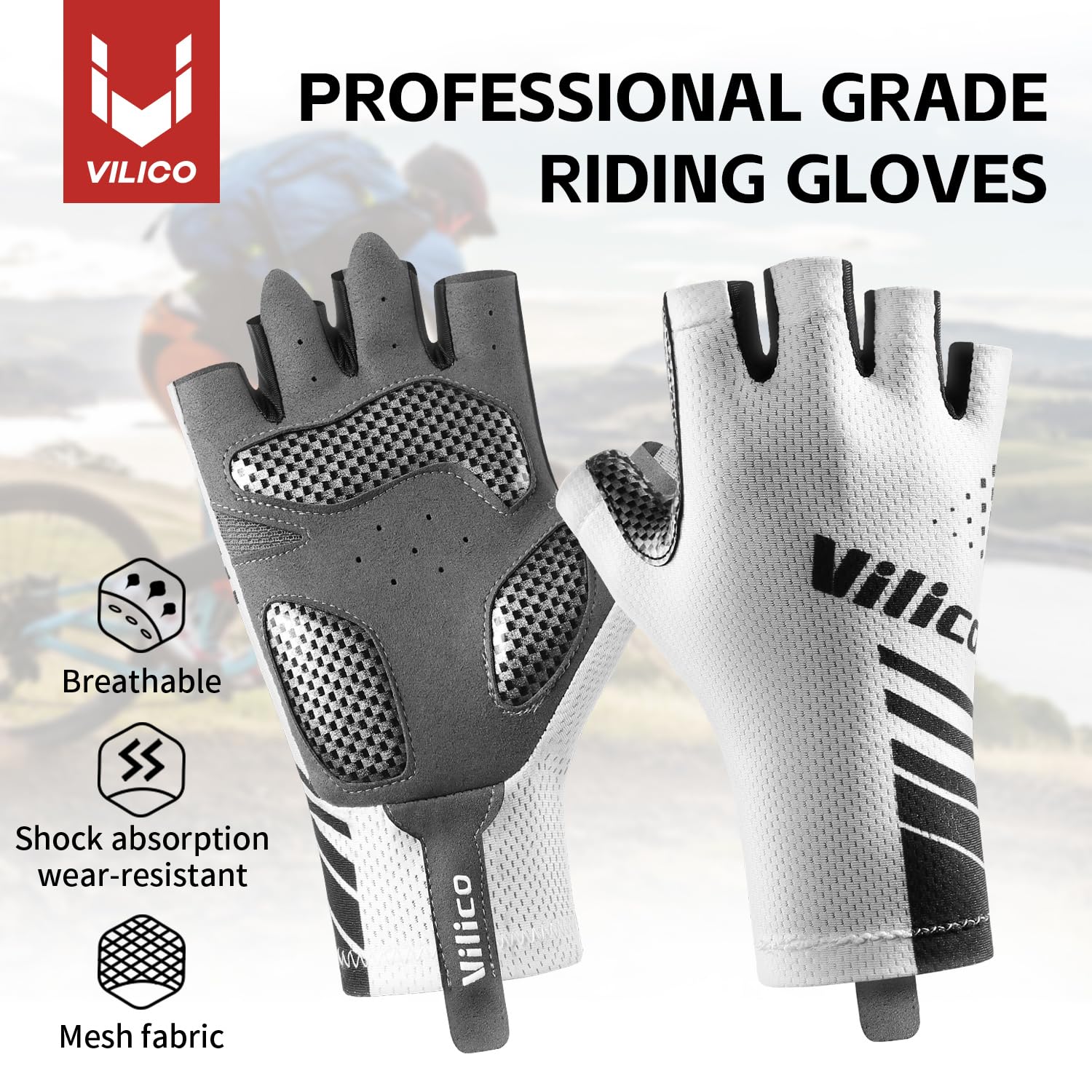 Vilico Gants de vélo pour vélo de Course et VTT – Antidérapants, Respirants, avec Coussinets amortisseurs – Légers et Confortables pour Route et Terrain