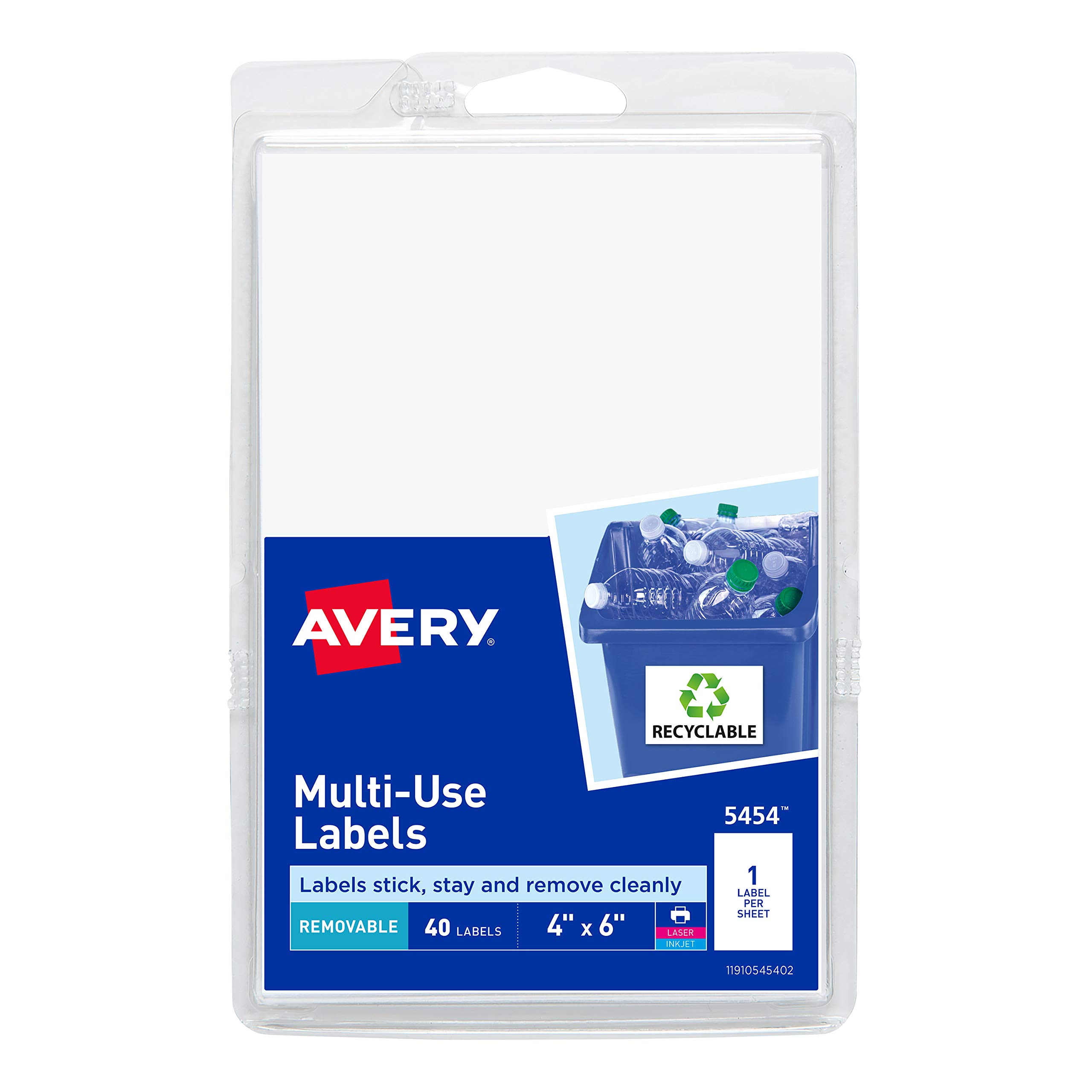 Avery White Removable Print or Write Labels, 6 Inches x 4 Inches, Pack of  40 (5454)