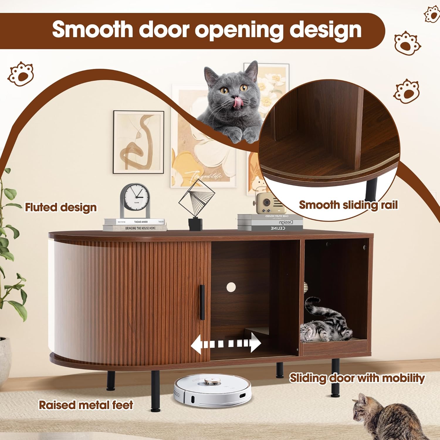 Grepatio Cat Litter Box Enclosure, 37.4" Fluted Hidden Litter Box Furniture, Wooden Large Litterbox Cabinet with Cat Scratch Pad and Ball, Indoor Cat House for Living Rooms, Entryway (Brown, 37.4")