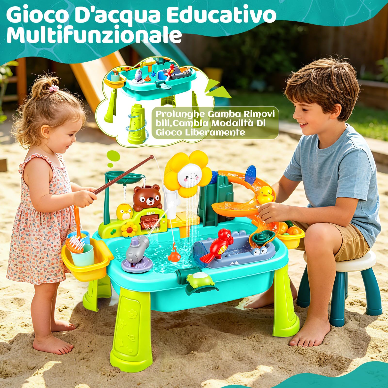 Lavandino Giocattolo con Acqua, Lavello da Gioco Cucina, Tavolo da Gioco ad Acqua per Bambini con Circolazione, Mulino ad Acqua Rotante, Giocattoli da Pesca per Bambini 3+ (Blu)