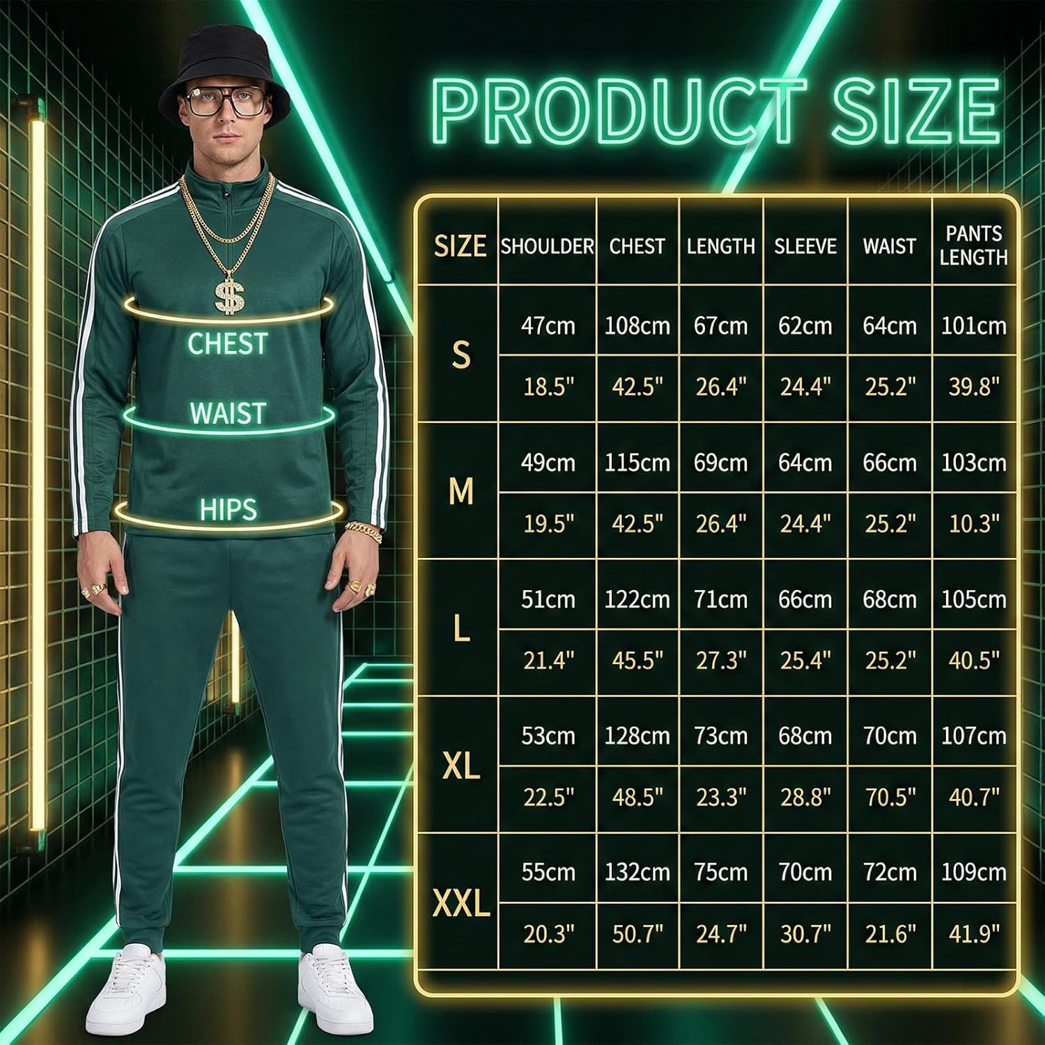 11PCS 80s 90s Outfit for Men Halloween Tracksuit Set Hat 3 Ring Dollar Ring Necklace Dollar Necklace Bracelet Glasses