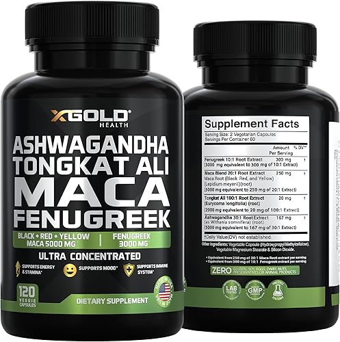 Miniatura 7 de Ashwagandha 5000 mg + Tongkat Ali 1000 mg + raíz de maca 5000 mg + suplemento de fenogreco de 3000 mg Extracto de raíz de maca negra + roja +