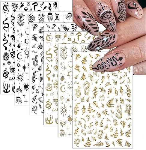 Calcomanías doradas para arte de uñas, 6 hojas autoadhesivas 3D, ojos de serpiente, hojas, sol, estrellas, para uñas acrílicas, decoración de diseño