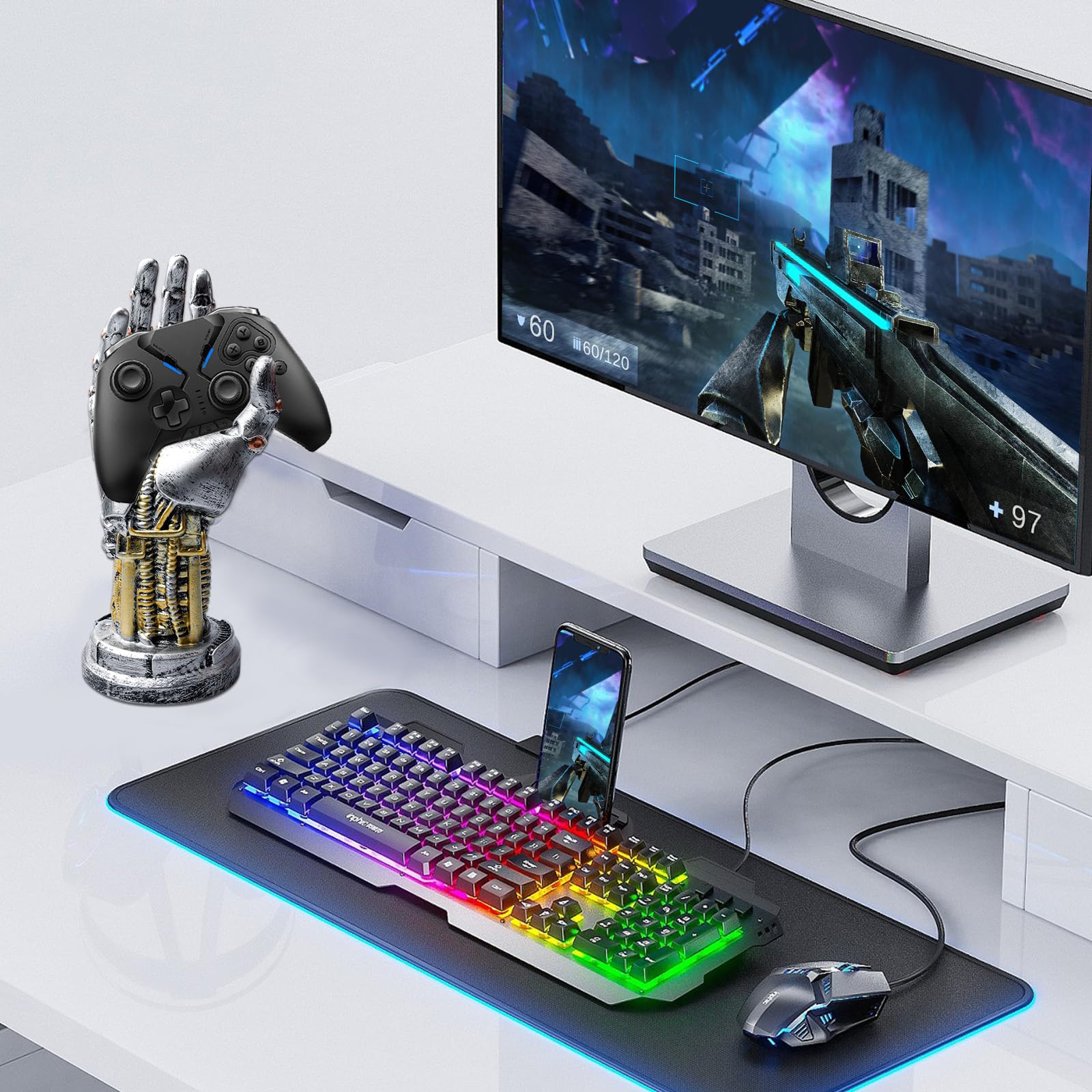 GOMETY Cyberpunk Support pour casque, casque de jeu et manette, design futuriste en résine aspect métal, accessoire de gamer pour vitrine, organisation de bureau