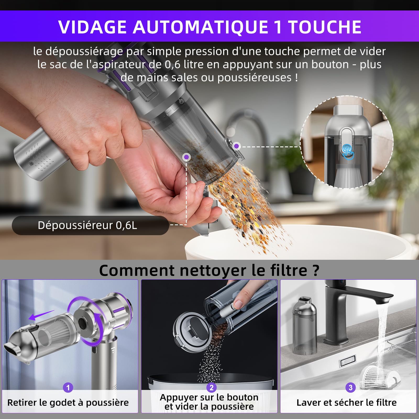 Aspirateur à Main, 25000Pa Aspirateur Voiture Puissant Sans Fil avec Vidage Automatique 1 Touche, 4-en-1 Mini Aspirateur, Moteur sans Balai, 3 Niveaux, Idéal pour les Poils D'animaux, Voiture, Maison
