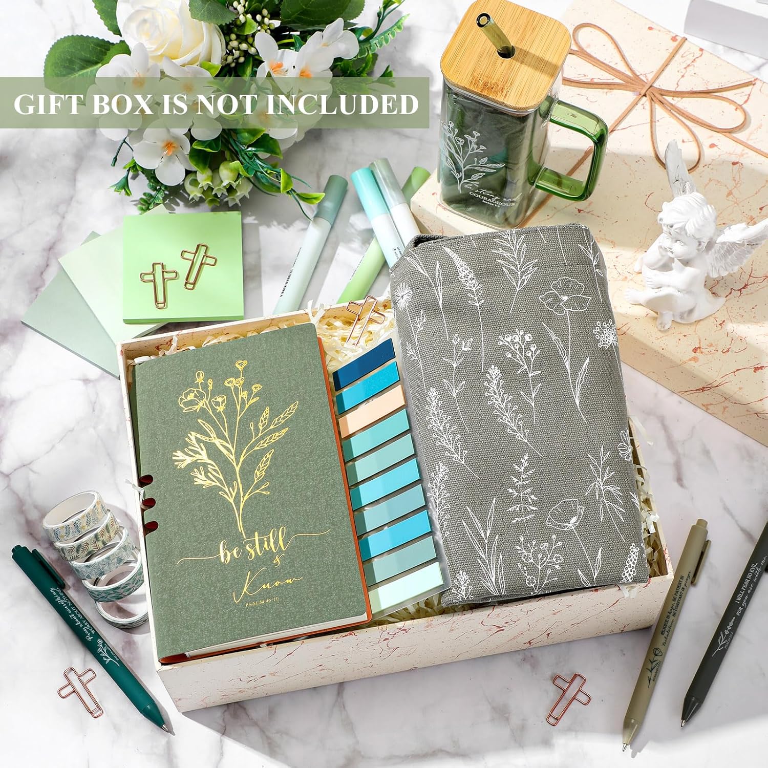 29 Pcs Bible Journaling Kit Christian Glass Cup Canvas Bag Leather Notebook Highlighters and Pens Sticky Notes Tapes Paper Clips Bible Study Supplies for Mom Pastor's Wife(Green) - Image 5