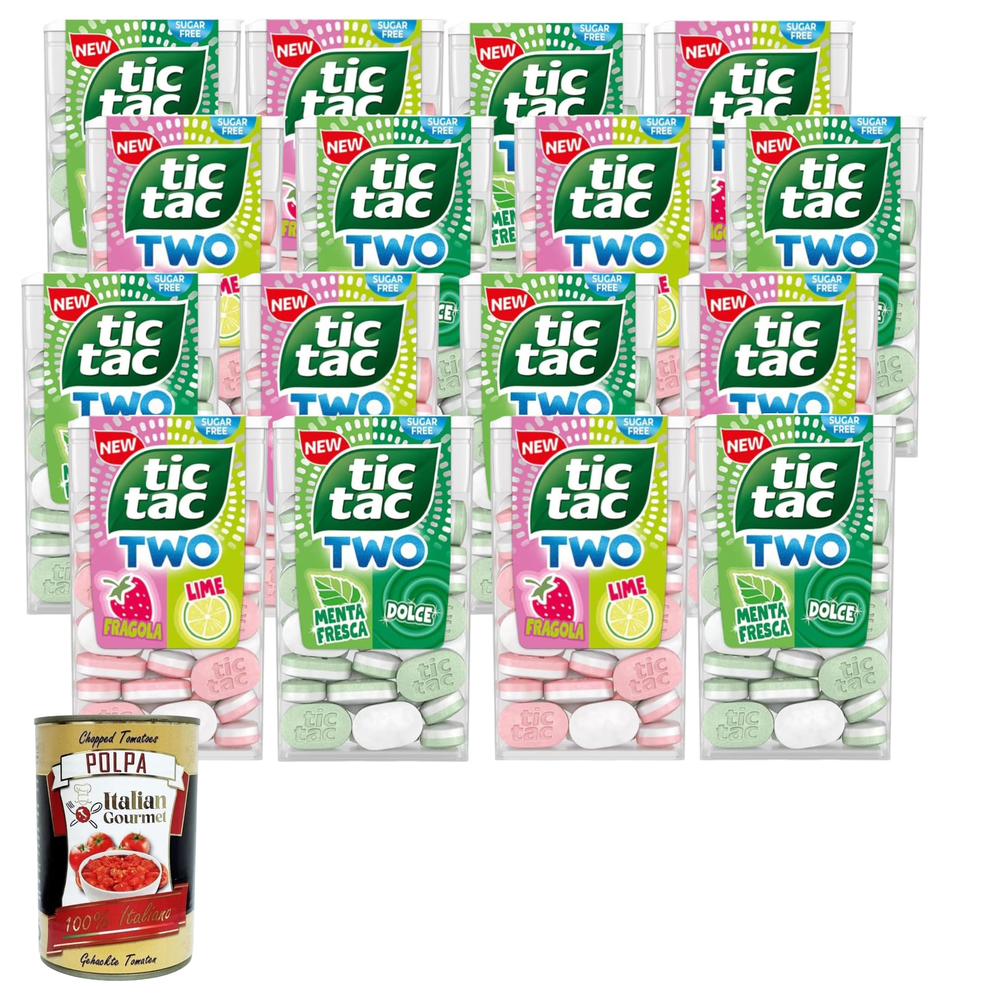 Italian Gourmet Bundle Tic Tac Menta Fresca e Dolce e Fragola Lime,Frische und süße Minze und Erdbeer-Limette 16 x 38,5g+ Italian Gourmet Polpa 400gr