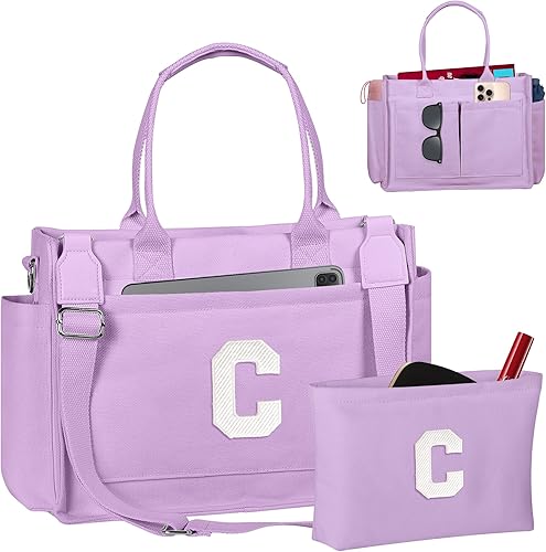 Christmas Gifts for Women Teen Girls, Initial Tote Bag with Zipper, Letter Canvas Tote Purse for College Work Laptop