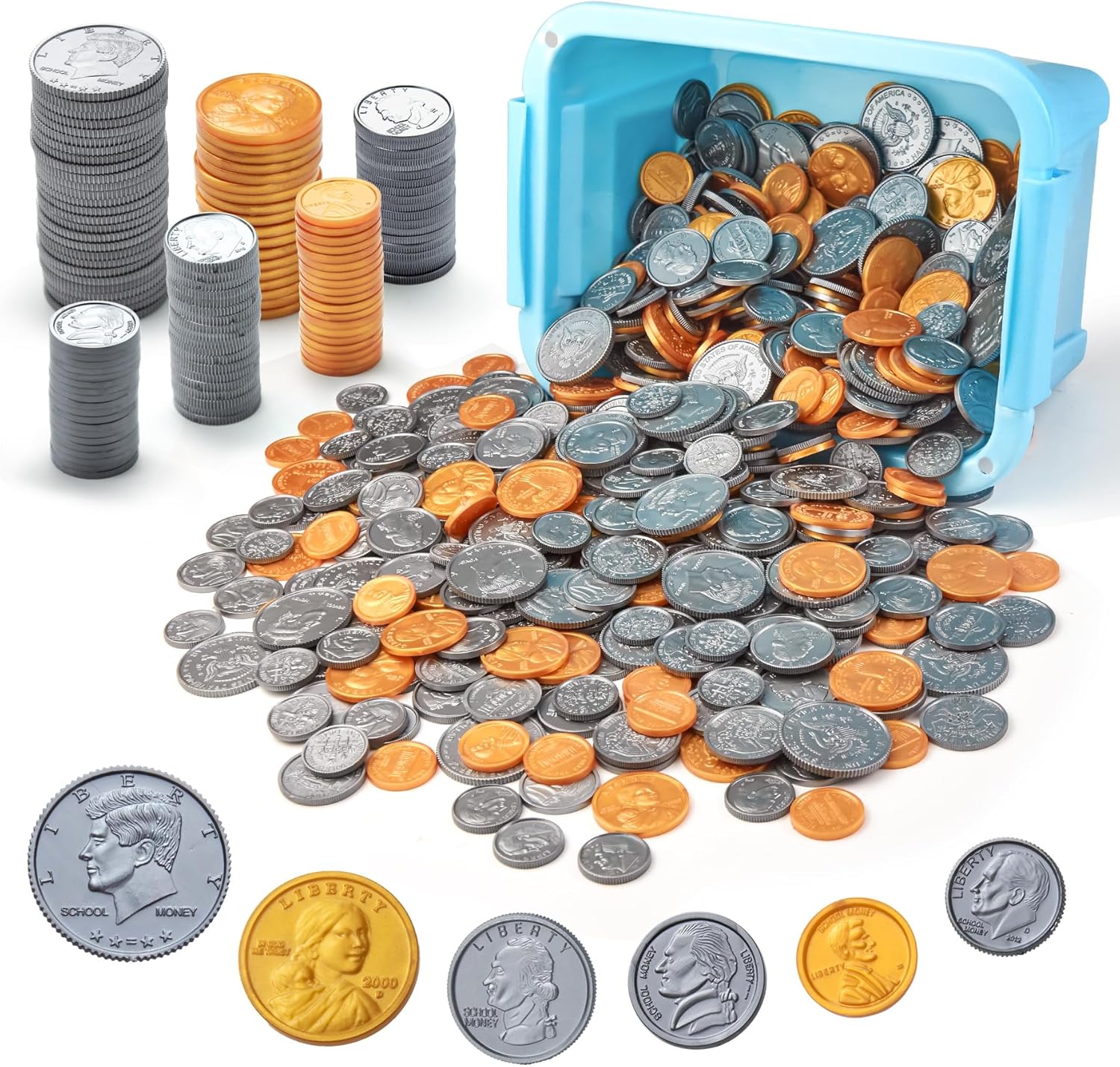 Fake US Coins Play Money 800 PCS Set – 6 Types of Coins,Realistic Prop Money for Kids,Toy Cash Register, Pretend Play Toys – Homeschool & Classroom Teaching Supplies (800)