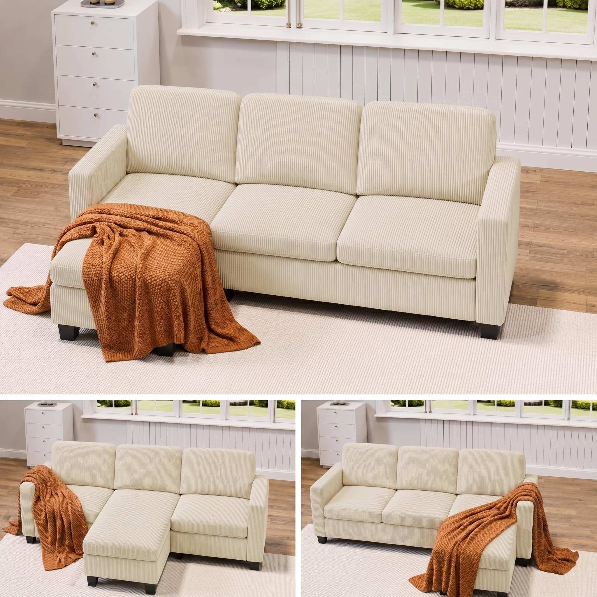 Xbro Sofa narożna w kształcie litery L, 3-osobowa z szezlongiem i ruchomym podnóżkiem, mała sofa narożna z weluru, 188 x 136,5 x 89 cm, beżowa