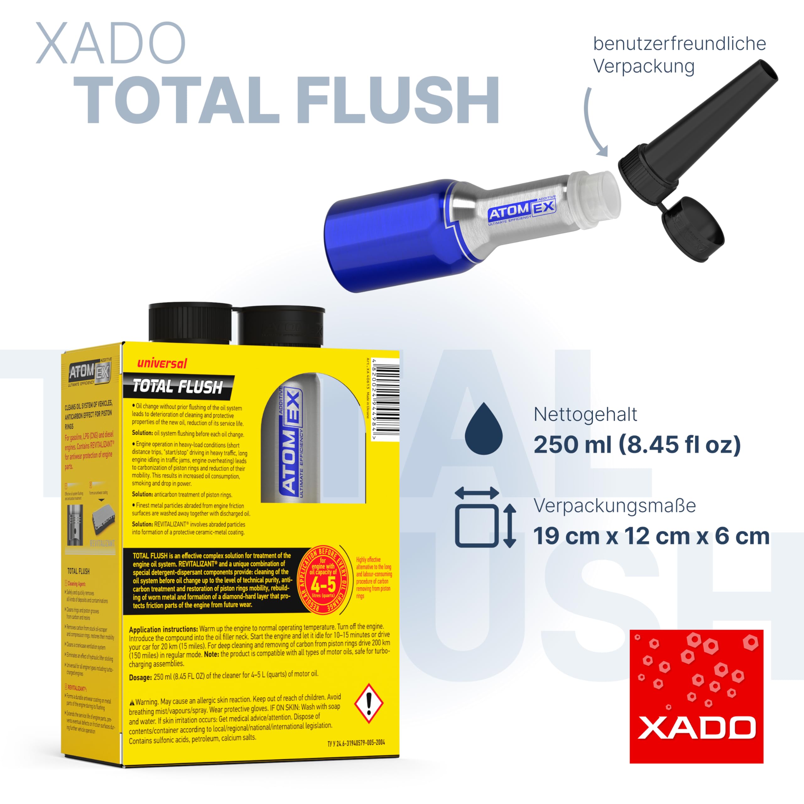 XADO ATOMEX Total Flush Motorspülung – Ölschlammspülung & Kolbenring Reiniger | Motor Reiniger Benzin, Diesel & LPG | Entkokung & Ölverbrauch Stop | Revitalizant | 250 ml