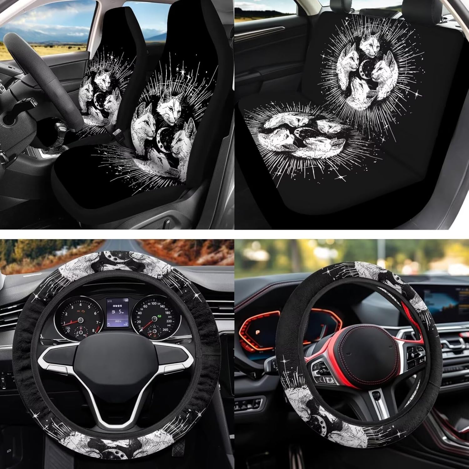 Gothic Cat Car Seat Covers Full Set 12 Pack with Steering Wheel Cover Center Console Cover Keychain Holder and Car Seat Belt Cover Universal Fit Most Vehicles Cars SUV