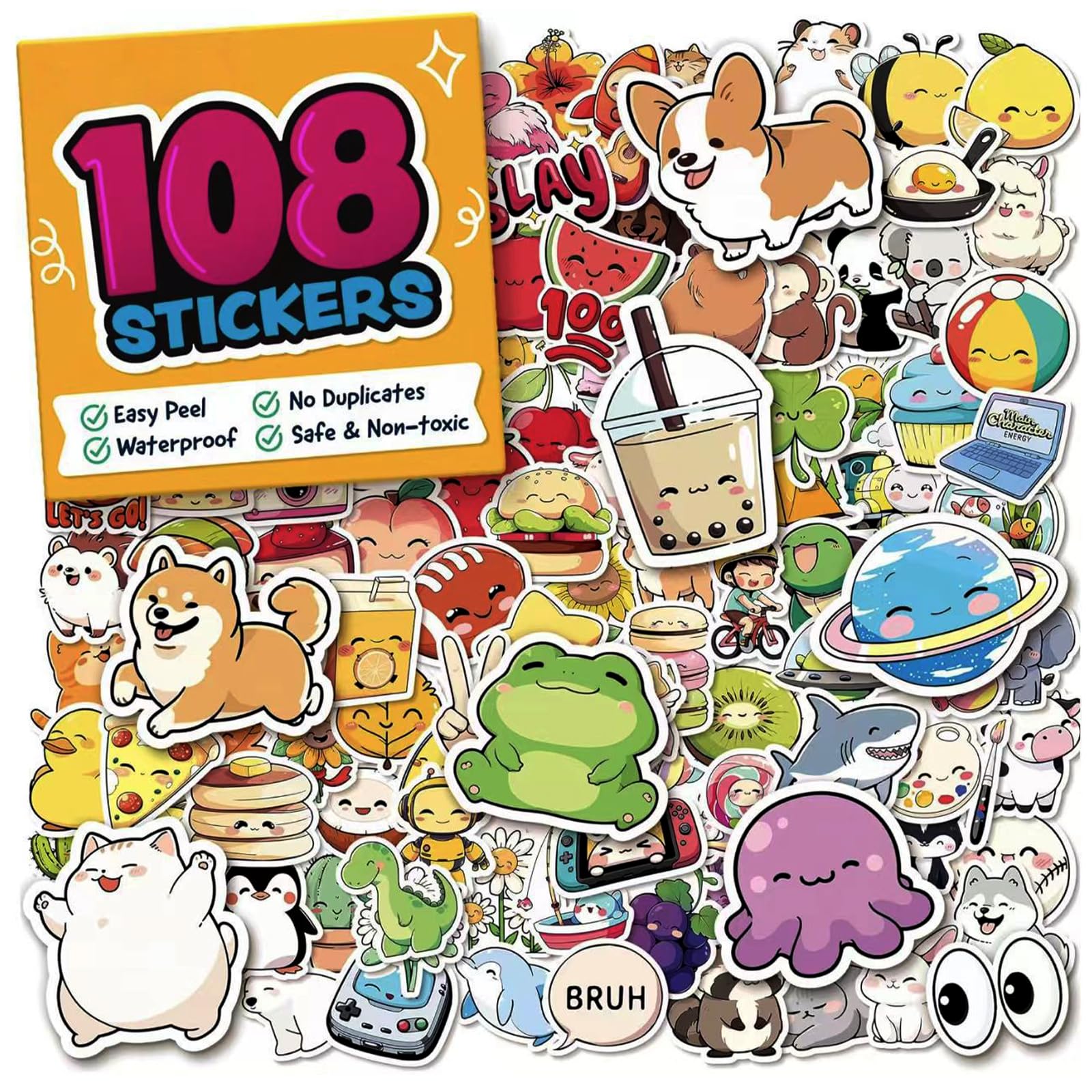 108 Pcs Cute Stickers for Teens, Waterproof Vinyl Animal Stickers for Water Bottle, Laptop, Scrapbook, Skateboard, Luggage, Reusable Decals for Party Bags