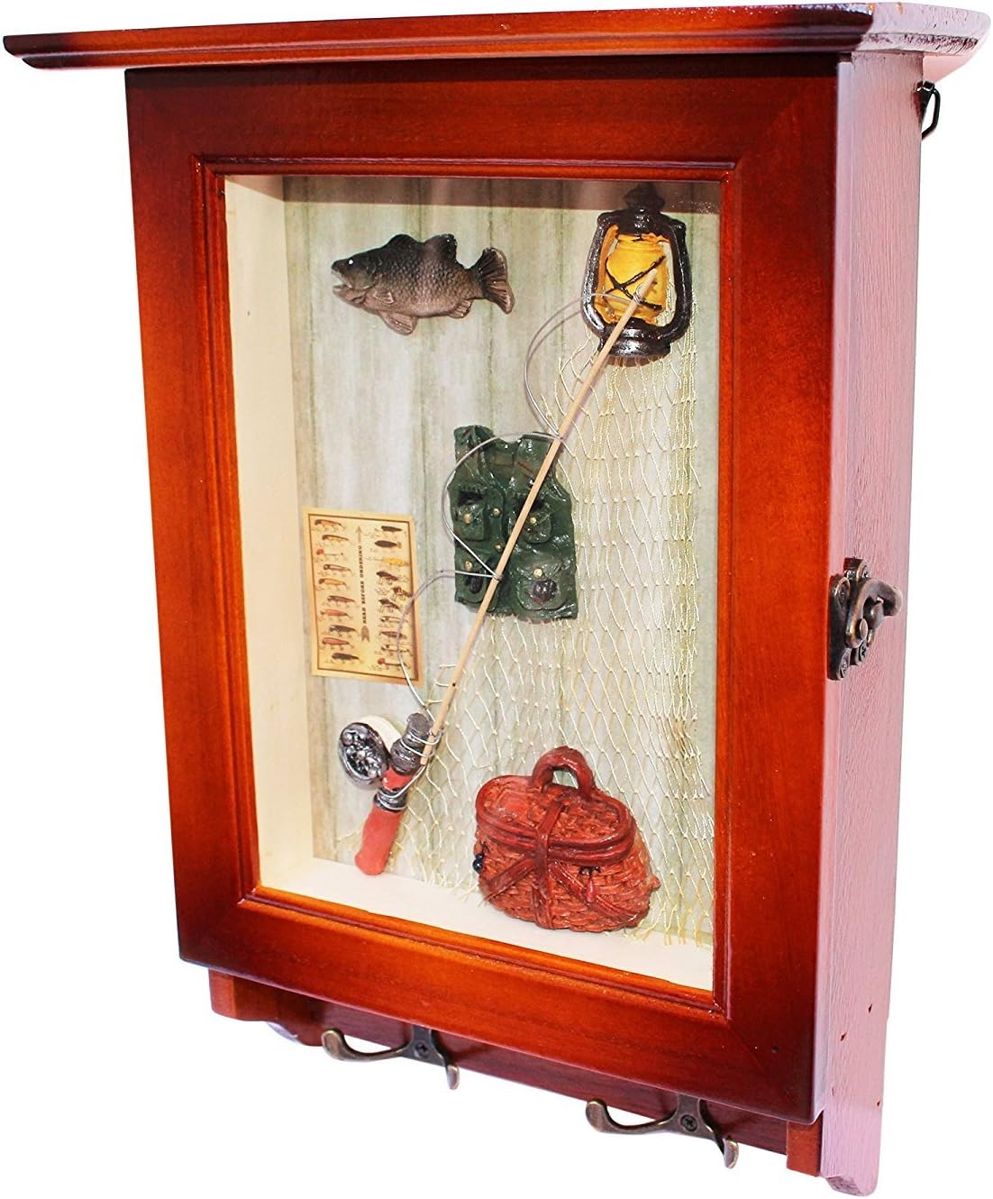 Heartful Home Key Wall Holder Cabinet - Save Time & Hassle - Top Quality Decorative Wood Keychain Storage Rack w/ Hooks - Great Housewarming, Wedding, Anniversary Gifts (Fishing)