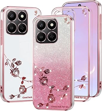 Phone Case for Honor 400 Smart 5G Clear Glitter Floral, Cute Slim for Honor 400 Smart Case Silicone Shockproof Protective Women Girls Cover Sparkle Aesthetic Pink