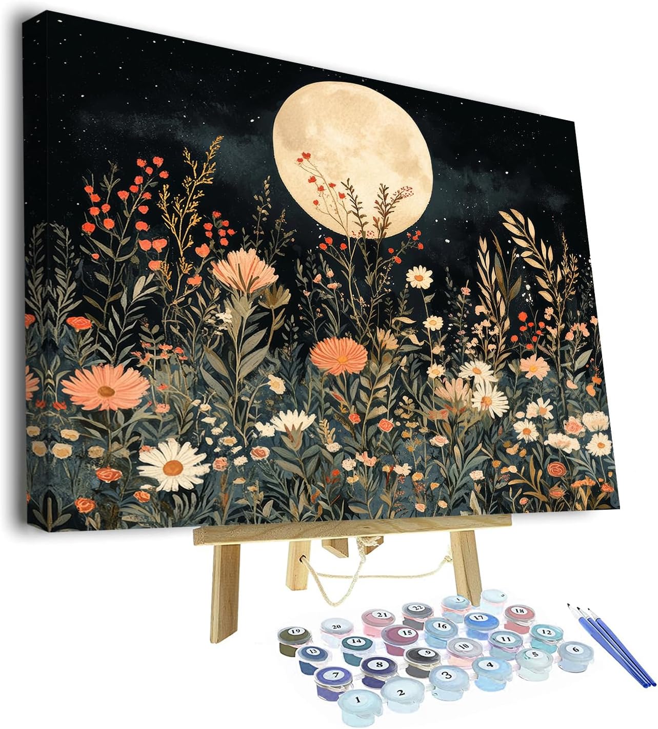 TUMOVO Flowers with Moon Paint by Numbers Flowers Adult Paint by Number Kits Painting by Numbers Moon Night Adults' Paint-by-Number Kits Framed Canvas Arts for Home Wall Decor, 16 x20 Inch