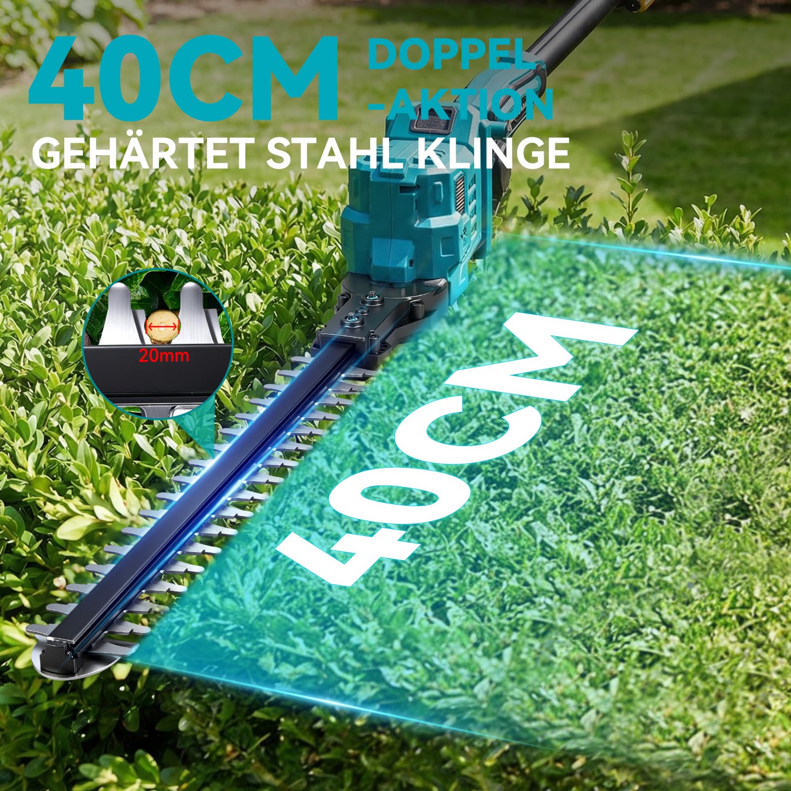 Yofidra Akku Teleskop Heckenschere, 40cm Stahlmesser, 2,4 m Teleskopstange | Elektrische Heckenschere mit 2×3.0Ah Akku, 180°drehbarem Schneidkopf, kabellose Strauchschere für Heckenpflege