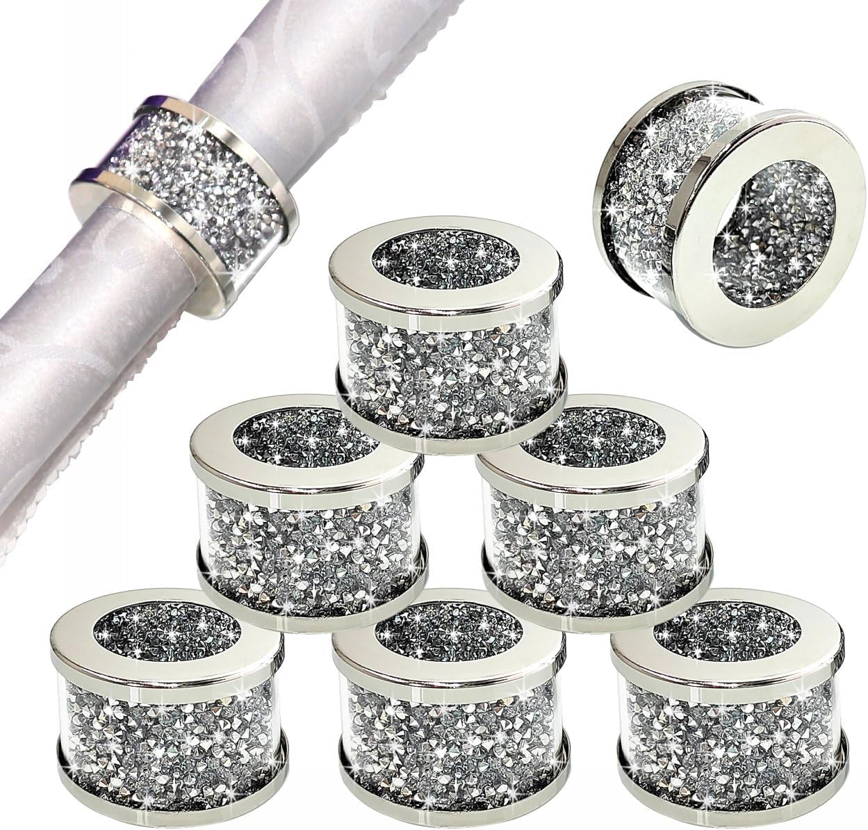 Crystal Glass Napkin Holder Silver Diamond Napkin Rings Pack of 8 Pieces, Glam Crushed Diamond Table Settings Bling Serviette Buckles Cloth Holder