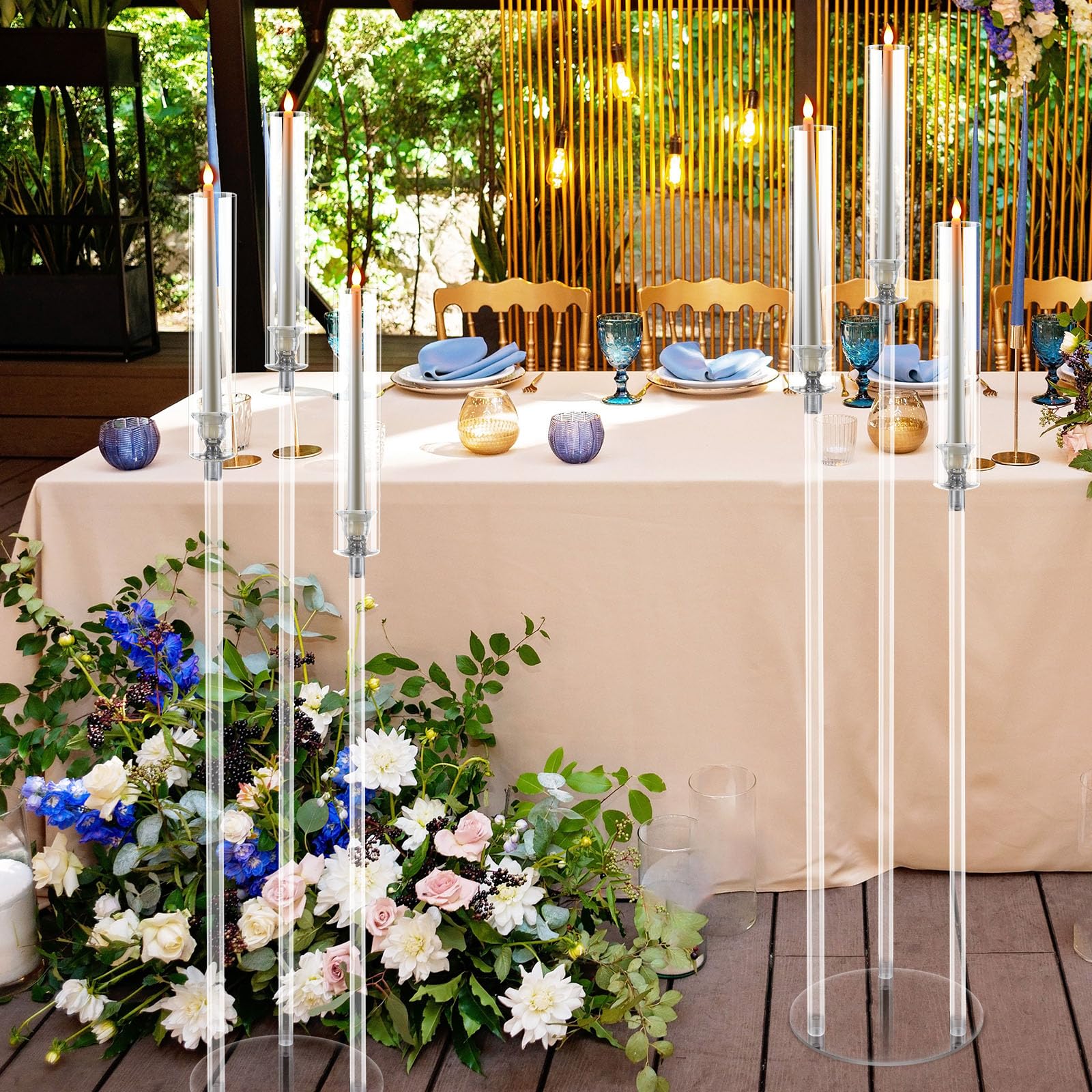 Tessco 6 Set 3 Arms Acrylic Candelabra Centerpieces 42.5'' Tall Clear Candle Holders Wedding Table Centerpiece Floor Candle Stand with Acrylic Shade Fit 0.8'' LED Candles for Home Party Decoration