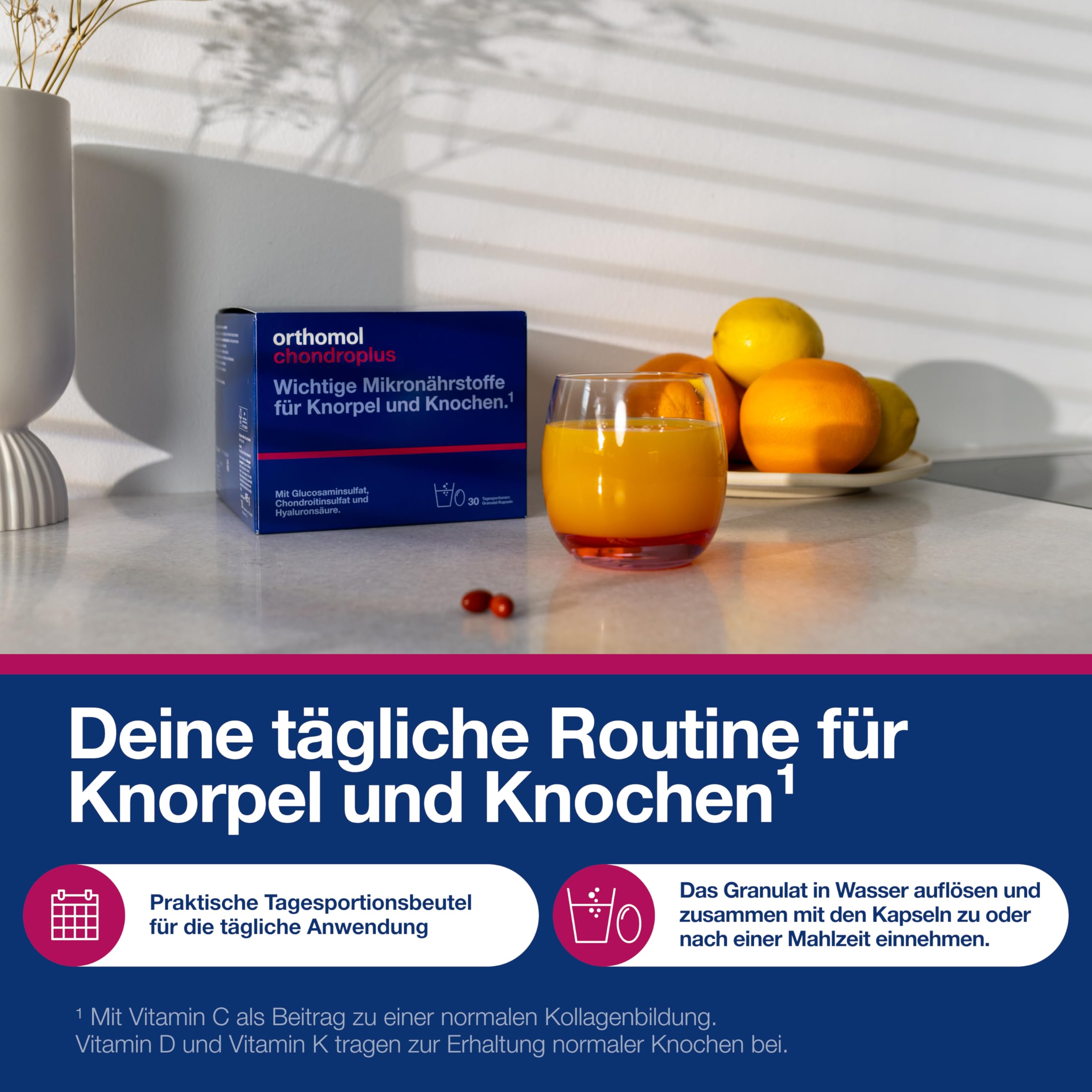 Orthomol chondroplus - Nährstoffe für Knorpel und Knochen - mit Glucosamin, Chondroitinsulfat und Hyaluronsäure - Granulat/Kapseln, 30 pc Portions quotidiennes