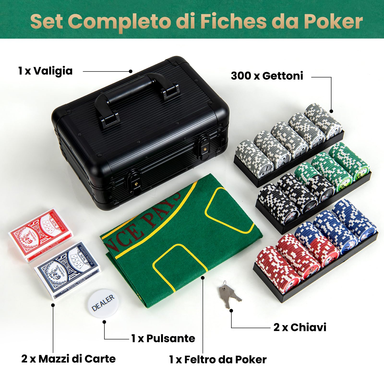 COSTWAY Set da Poker Completo con 300 Finches e 2 Mazzi di Poker, Valigetta in Alluminio a 2 Chiavi con Tappetino e Bottone Dealer, Fish Poker per Texas Holdem e Blackjack