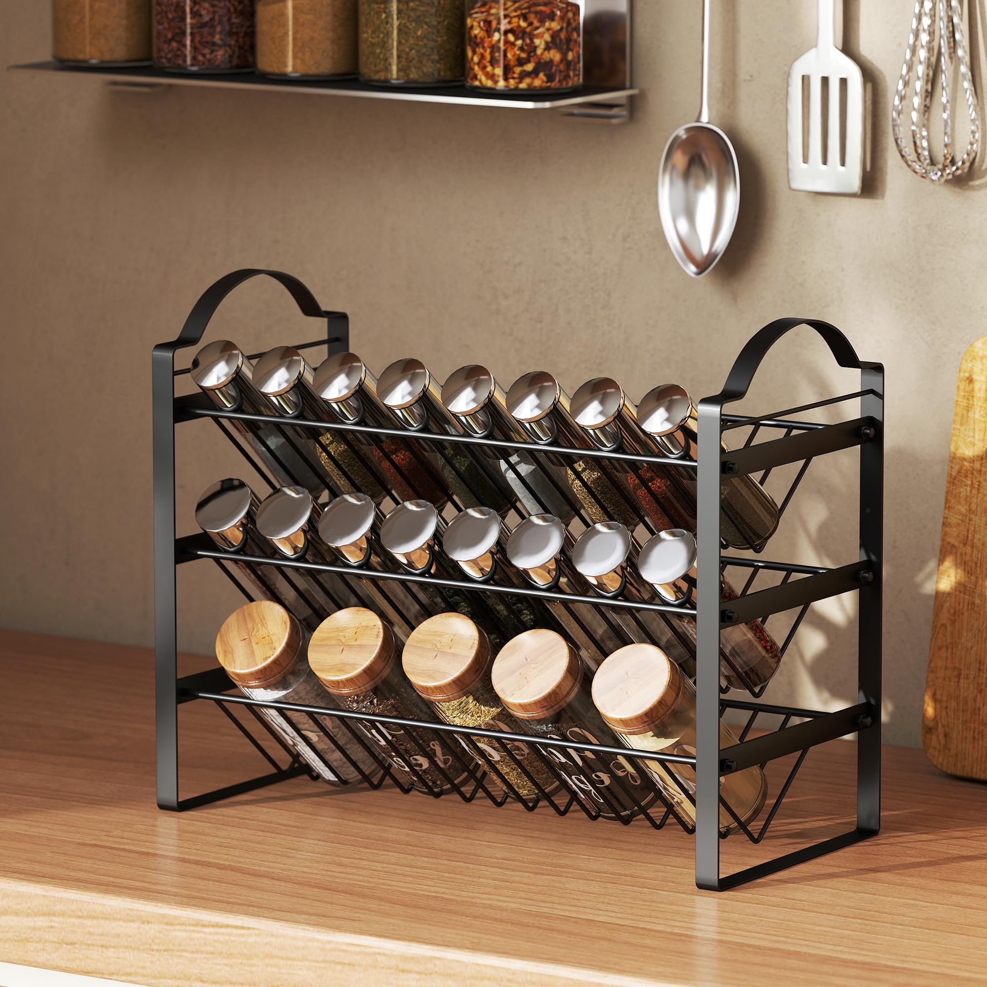 HOMCOM Porta Spezie per Cucina a 3 Livelli, Portaspezie Salvaspazio con Ripiani Inclinati in Metallo, Facile da Montare, per Mobili e Piano Cucina, Nero