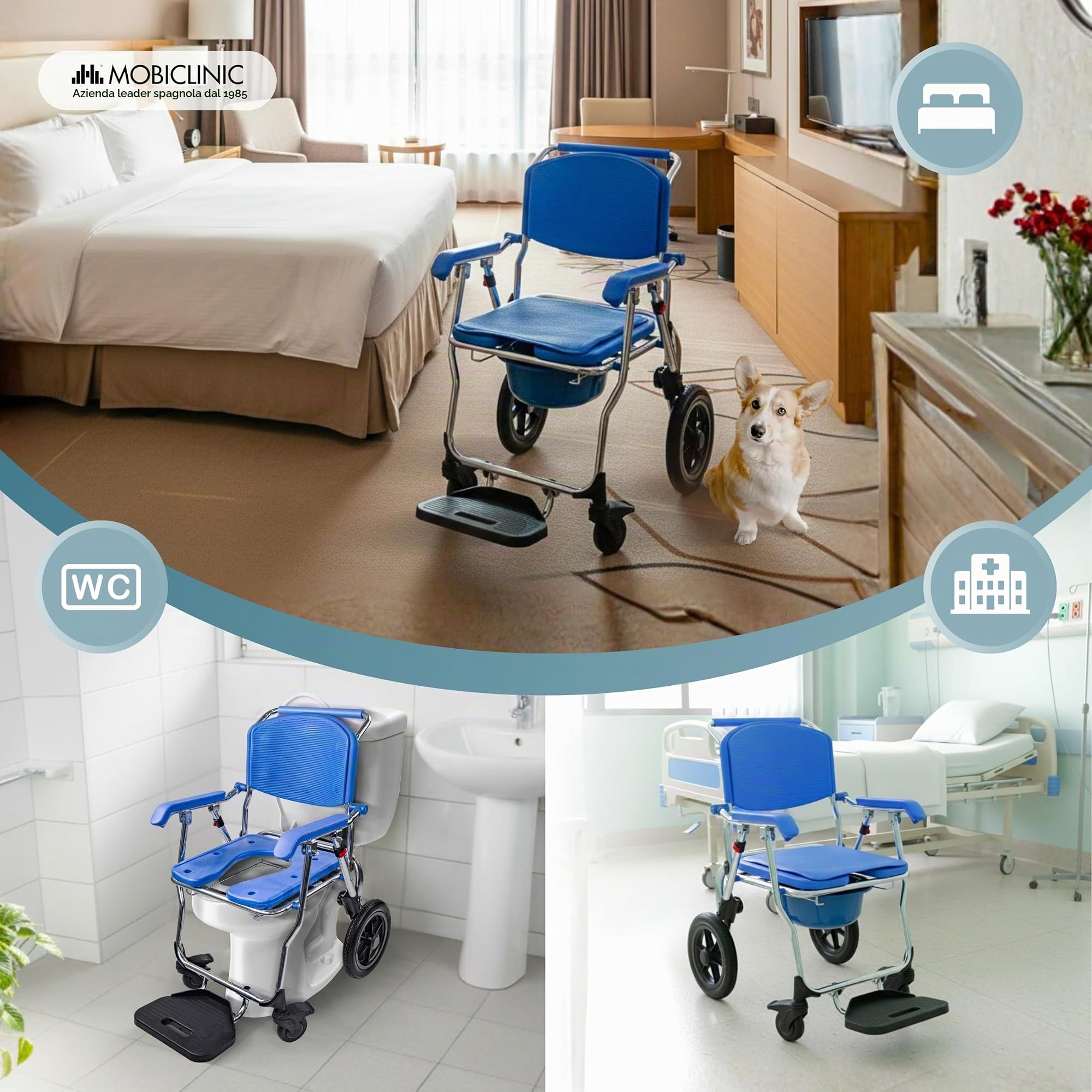 Mobiclinic®, Sedia da Doccia con Ruote, Pieghevole, 3 in 1, Secchio Rimovibile 6,5​​L, Braccioli e Poggiapiedi, Doccia e WC, Toilette Portatile, Ruote con Freno, Antiscivolo, Alluminio, Babor