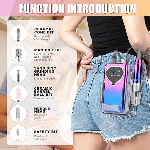 Miniatura 5 de Pourcare Taladro eléctrico de uñas para uñas acrílicas, lima de uñas eléctrica de 35000 RPM, E--File portátil - Taladro de uñas recargable para