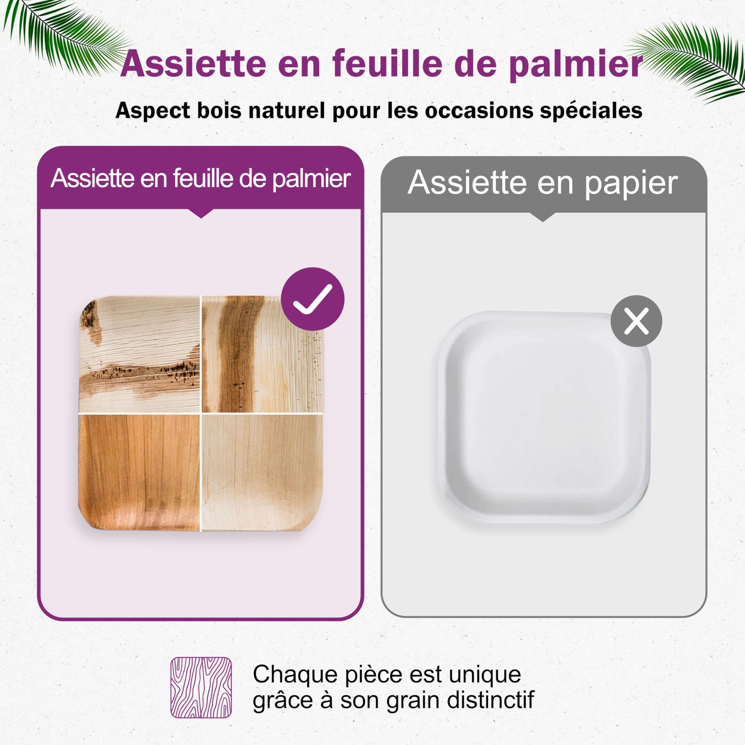 Assiette Jetable en Feuille de Palmier - 50 pcs. Carrées 25x25 cm - Vaisselle Naturelle et Élégante - Chic, Résistante et au Design Unique - semblable au Bambou et au Bois