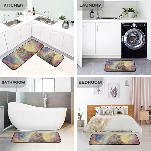 Miniatura 5 de ZENWAWA Fantasy Cat on Rock Kitchen Mat 2 Pcs Set, Low Pile Kitchen Rugs Cushioned Water Absorbent Washable Floor Mats for Kitchen Sink Laundry Room
