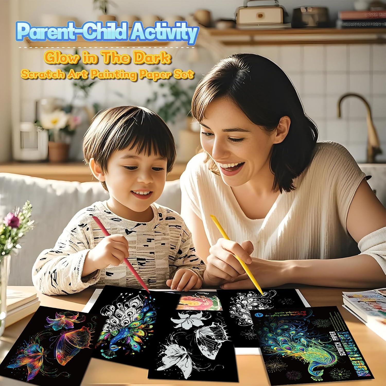 Scratch Paper Art for Adults-Glow in The Dark Scratch Painting Craft Kit (8 Sheets A4)|Foil Engraving Art Set|Stress Relief Gift for Craft Lovers|Creative Scratch Art Home Decor(Butterfly&Peacock)‌ thumbnail