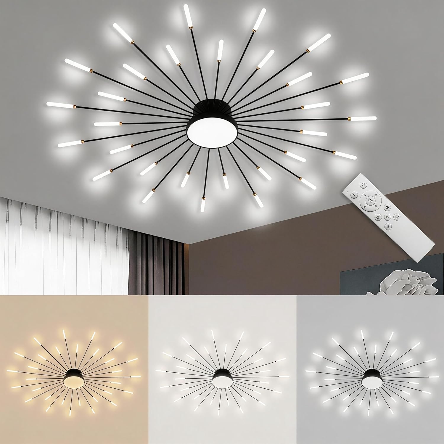 LightInTheBox Modern LED Ceiling Light Sputnik Linear Flush Mount Ceiling Lamp Firework Flower Ceiling Light Fixture for Living Room Dining Room (Black, 30-Heads, Natural Light)