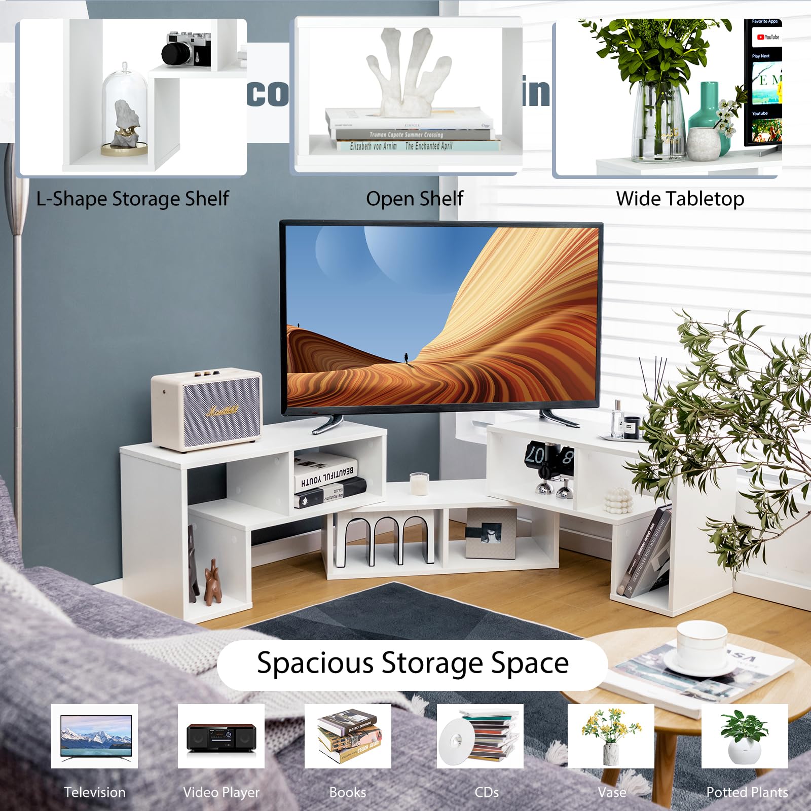 KOMFOTTEU Fernsehschrank Holz, TV-Schrank frei kombinierbar, TV Lowboard für TVs bis zu 65 Zoll, Multifunktionaler Bücherregal & TV-Kommode (Weiß)