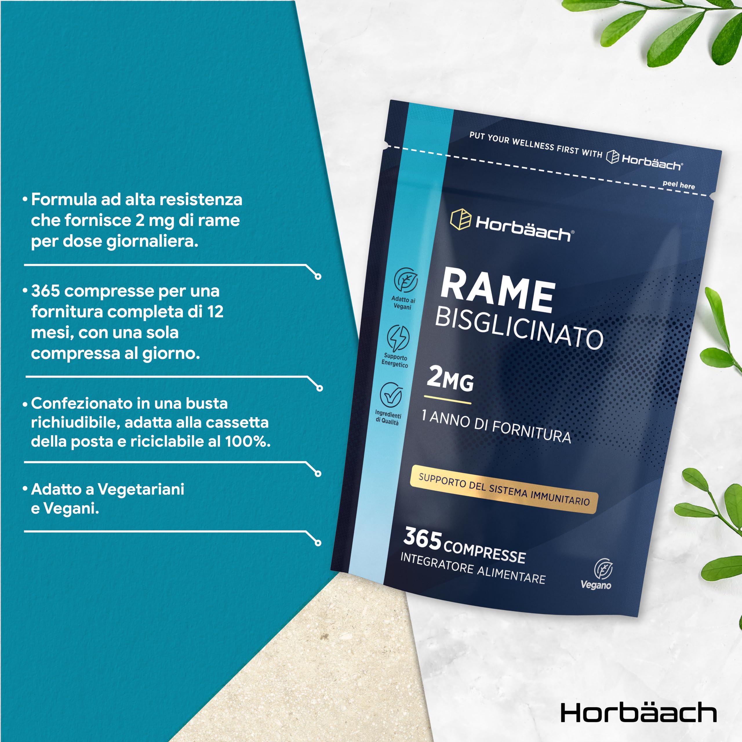 Rame Integratore 2mg | 365 Compresse Vegane per 1 Anno | Alternativa a Rame Integratore Capsule | Integratore Alimentare ad Alto Dosaggio | Chelated Copper Supplement | di Horbaach