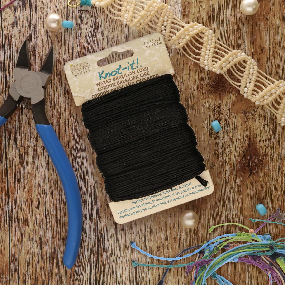 The Beadsmith Knot It Waxed Polyester Cord, 4 Black Cords, 1mm Diameter, 15 Yards Each, Make Jewelry, Macrame - Image 2
