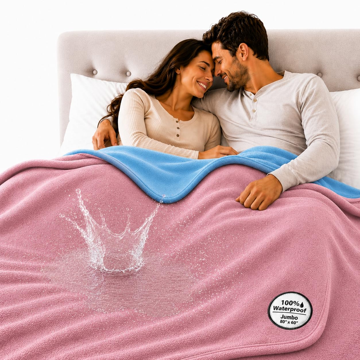 TOP 100% Waterproof Blanket Pink/Light Blue Jumbo 80x60 for Adults and Pets. Keep Everything Dry No Matter How Wet It Gets! UltraSoft Noiseless Leakproof Bed, Mattress, Furniture Protector EZ Wash/Dry
