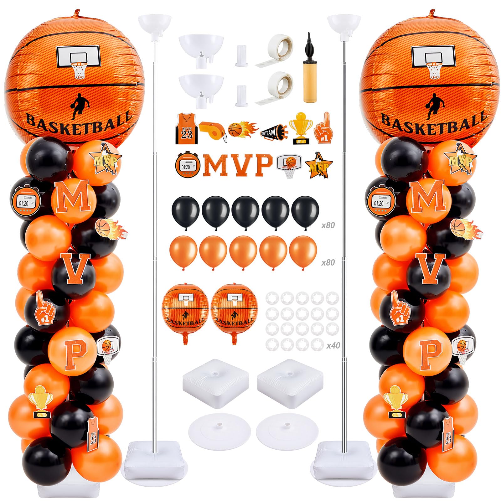 Gejoy 2 Sets Basketball Balloon Column Stand Kit Include 162 Latex Balloons 12 Pcs Cards 6.5 ft Adjustable Stands Tower Kit for Basketball Party