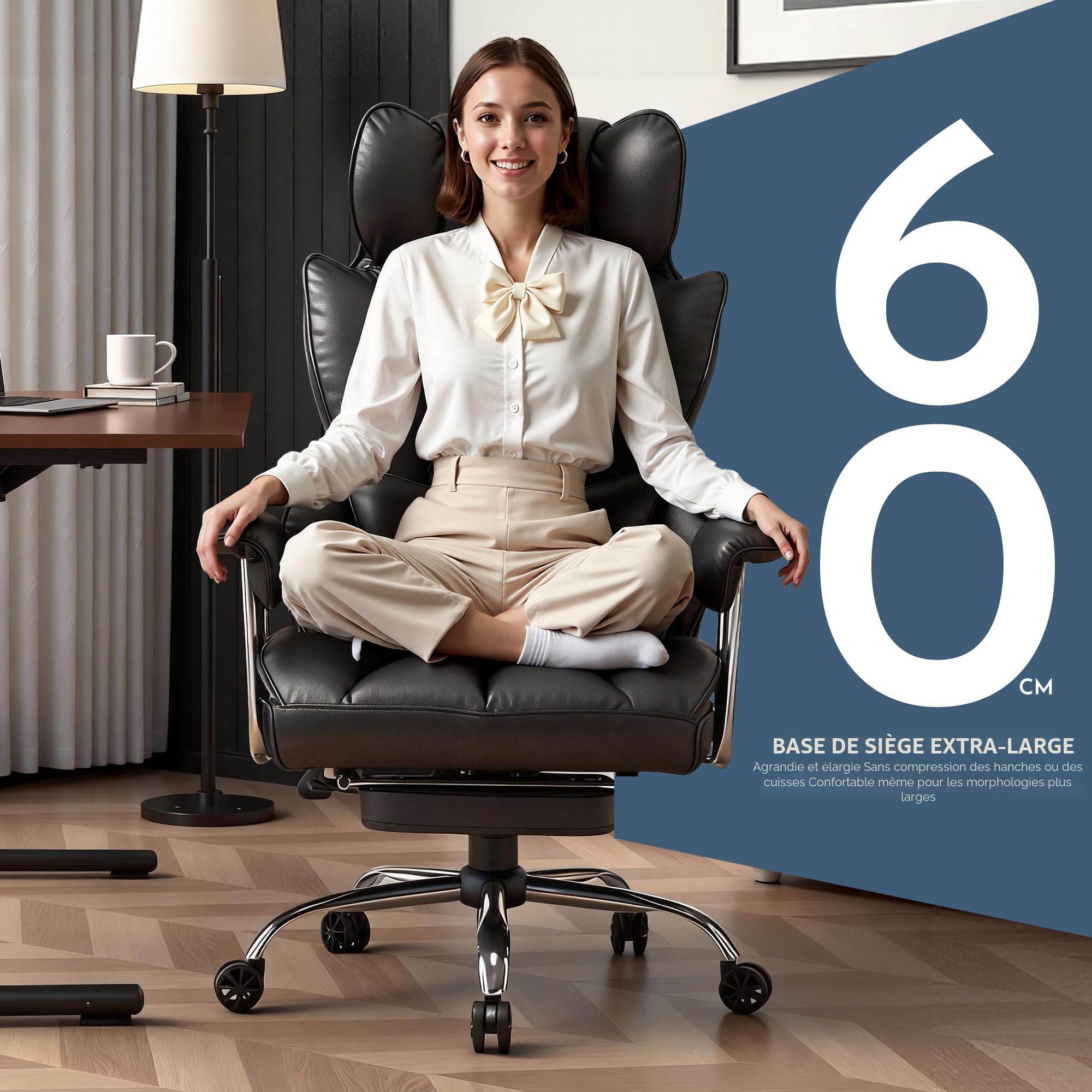 Efomao Chaise de Bureau Grande Taille, Fauteuil Ergonomique en Similicuir PU 200KG, Chaise Ordinateur Réglable à Dossier Haut, Siège Pivotant avec Repose-Pieds et Coussin Lombaire