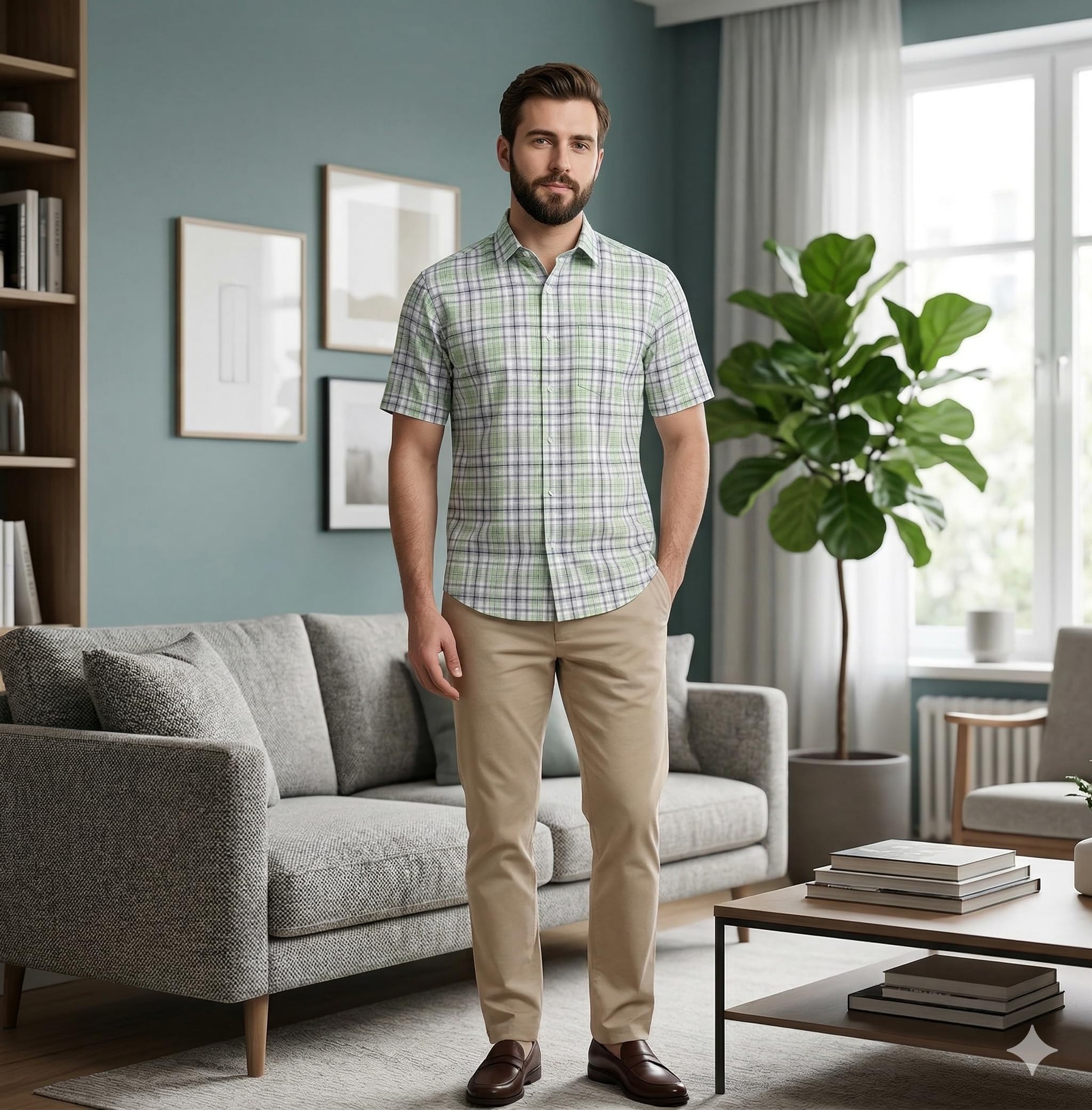 J.Hampstead Moretti Premium Collection with 100% Giza Cotton Green Colour Checkered Pattern Unstitched Shirt Fabric of 1.6 MTS - Made in Italy / VV2539-image-14