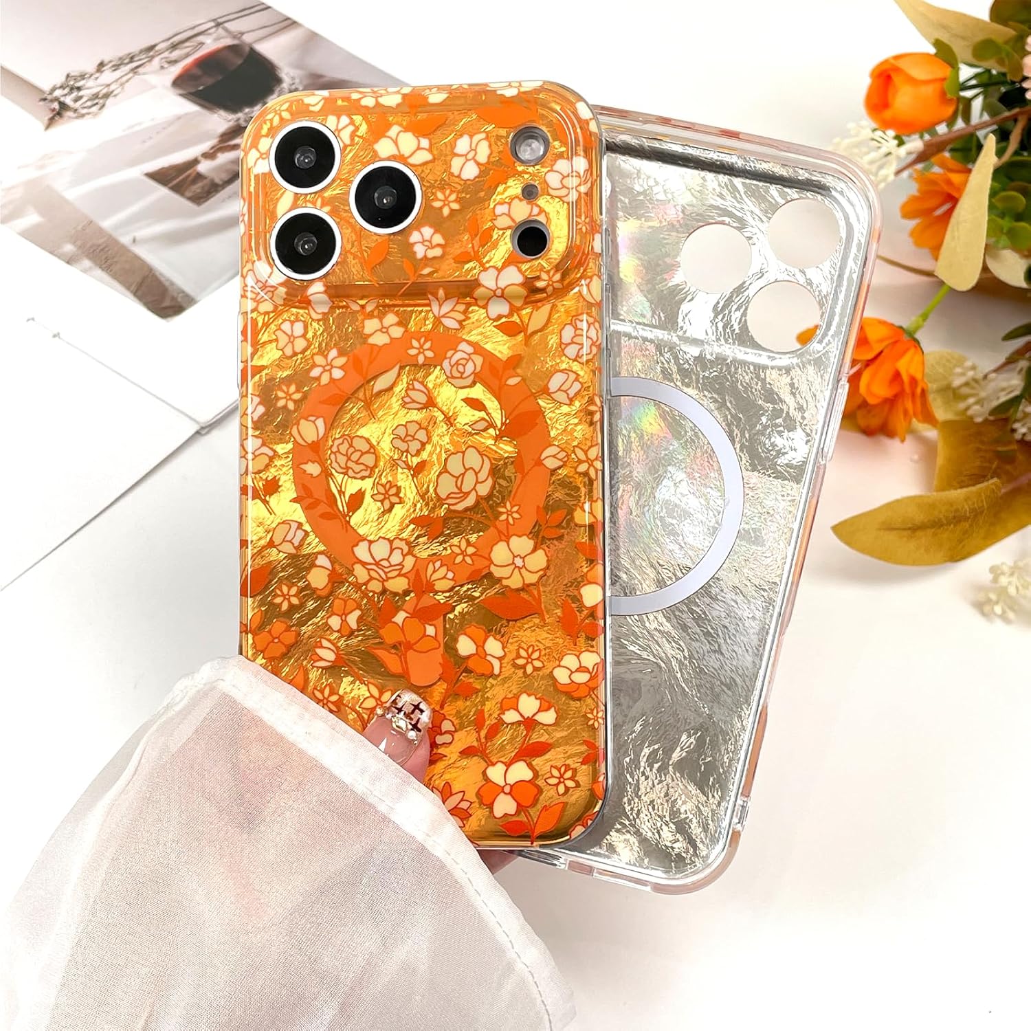 Magnetic Floral Case for iPhone 17 Pro Max, Compatible with Magsafe, Cute Floral Flower Bling Design, Shiny Shockproof Protective Cover for Women Girls, Orange Gradient Flower